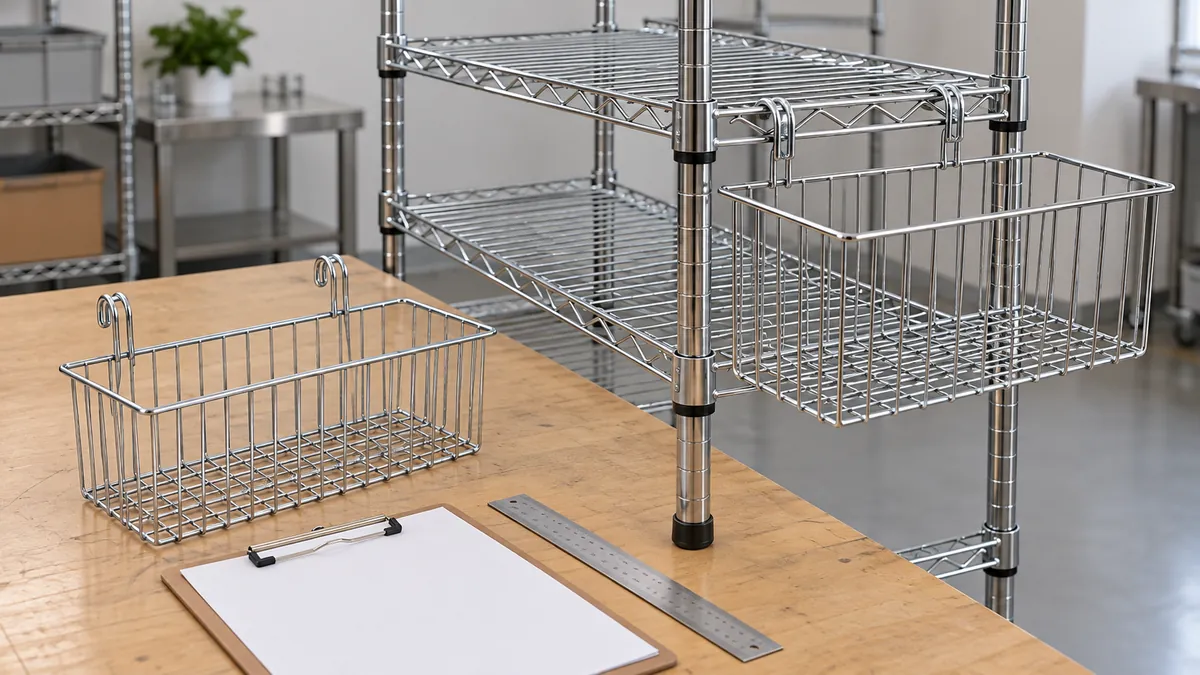 A removable side basket displayed on the wire rack beside a second basket and blank sample-review sheet