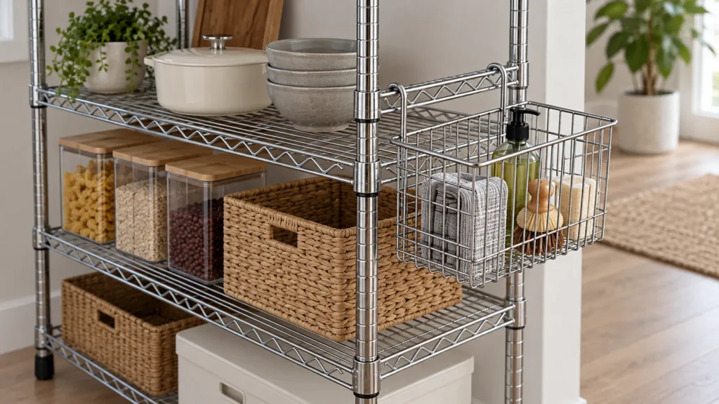 Chrome wire side basket attached to a freestanding shelving rack by two hooks