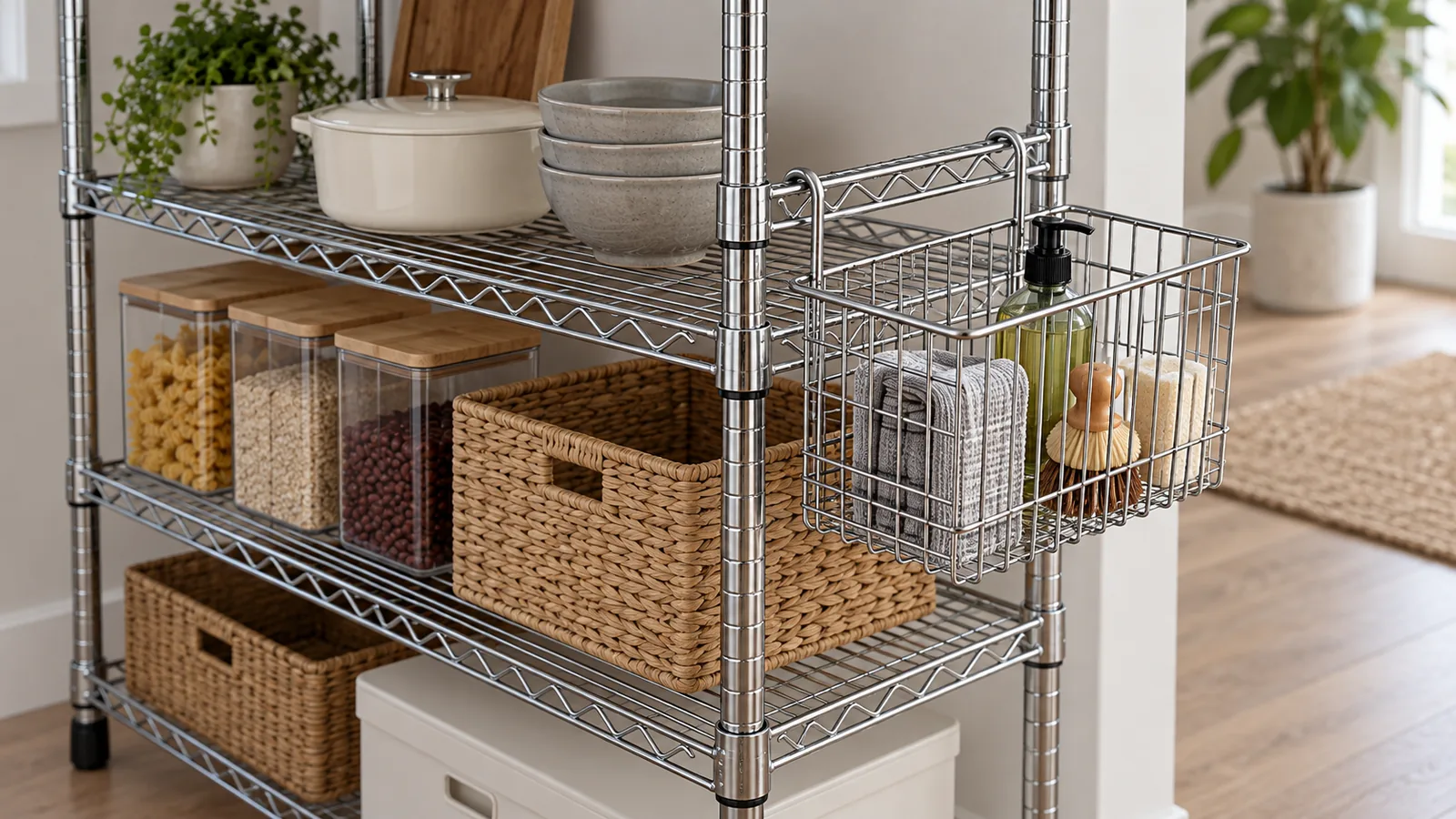 Chrome wire side basket attached to a freestanding shelving rack by two hooks