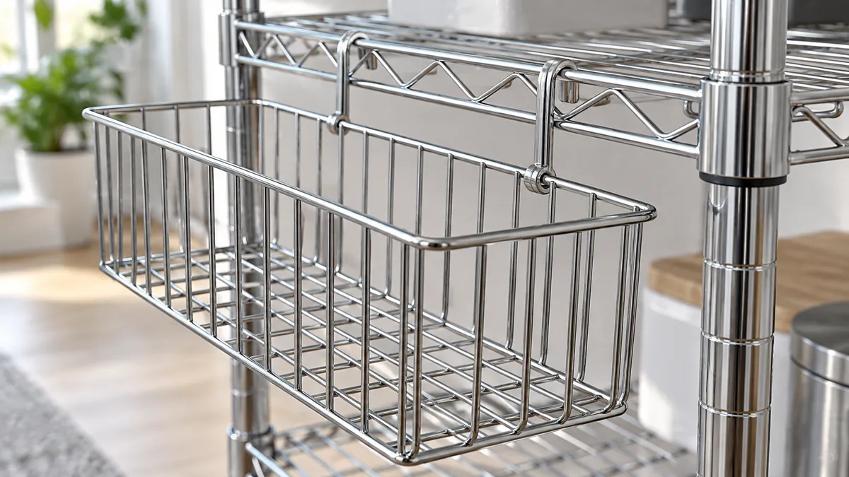 Close detail of two separate hooks on a removable wire side basket engaging horizontal wires on a freestanding rack
