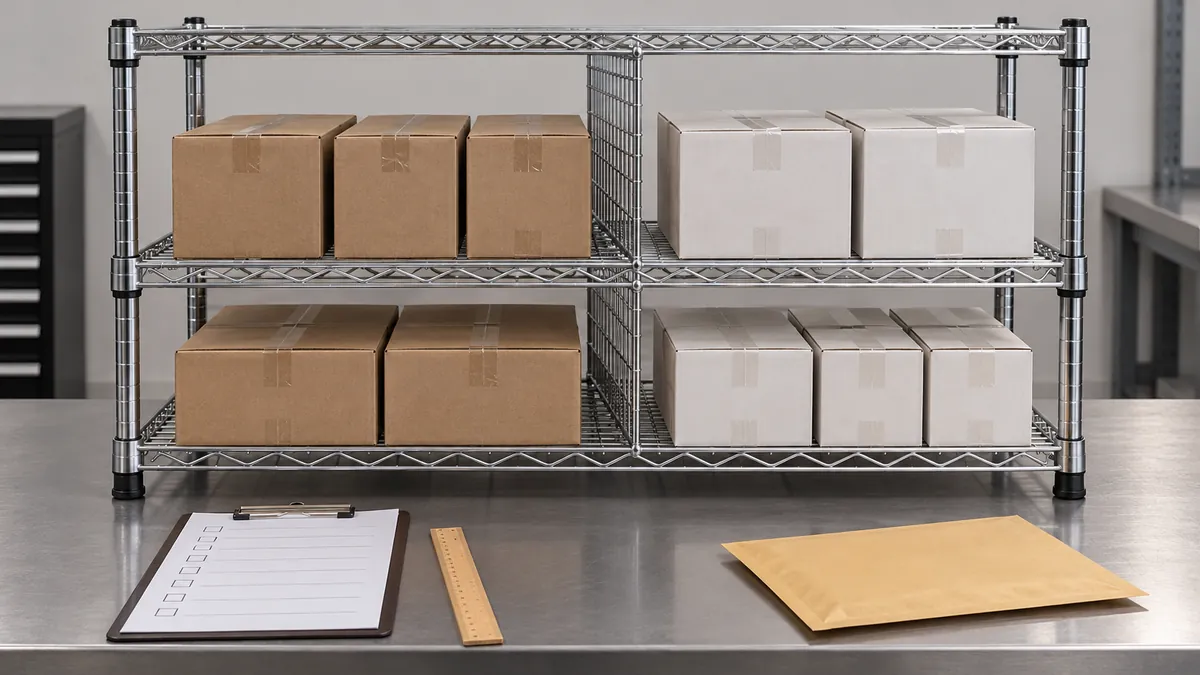 Sample review of wire shelf divider compartments with cartons and a blank inspection checklist
