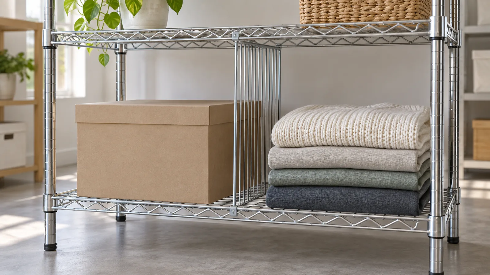 Wire shelving rack with a vertical divider separating two storage compartments