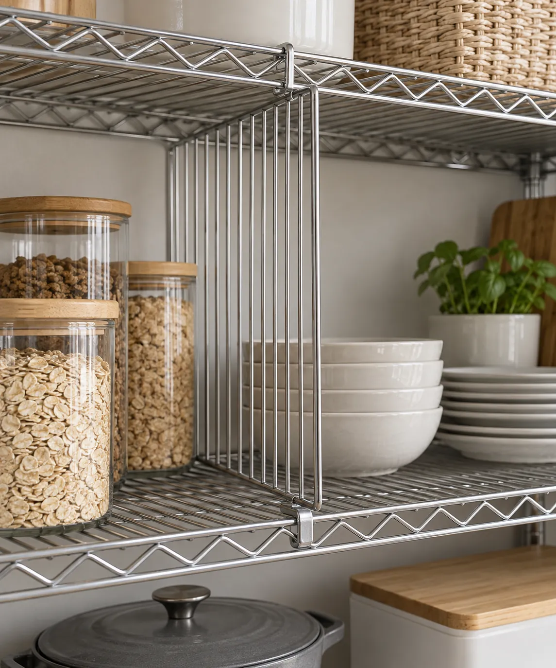 Vertical wire divider between two wire shelves with clear space around stored containers