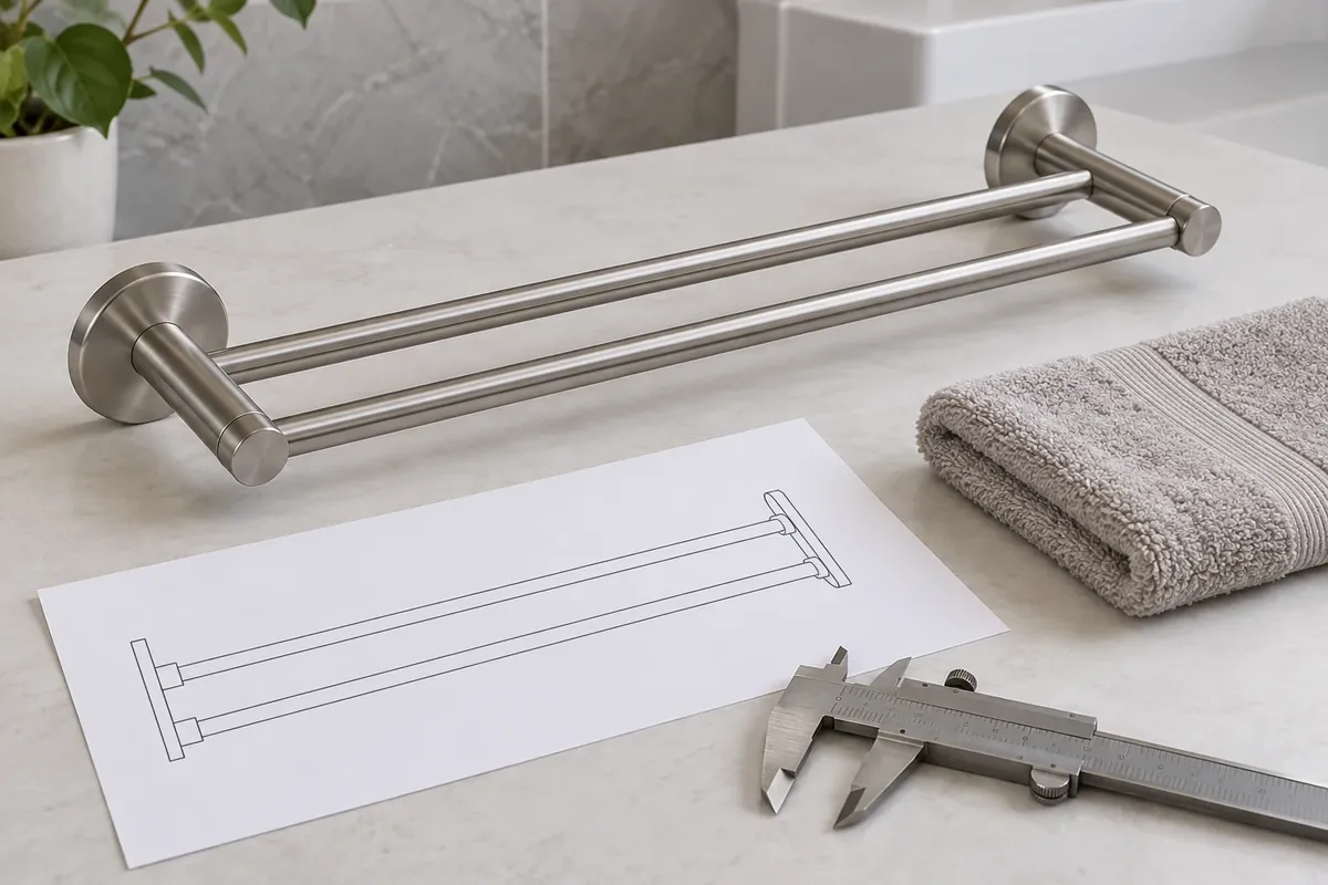Generic double towel bar sample beside an unmarked side-view drawing for OEM buyer review