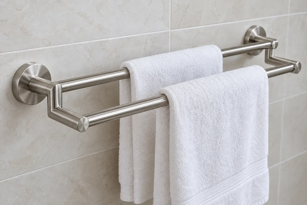 Side view of a generic double towel bar showing two rails with towels on both levels