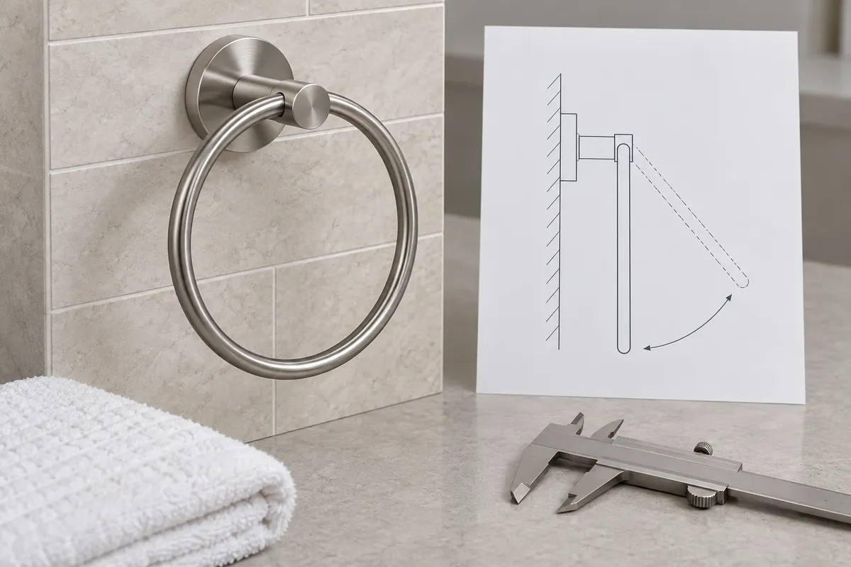 OEM buyer reviewing a towel ring sample beside a blank side-view drawing and wall mockup