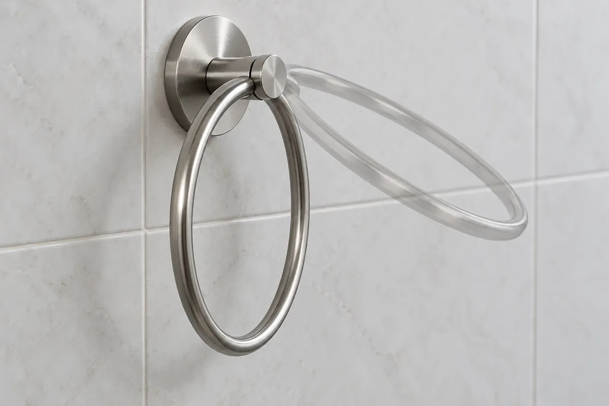 Side view of a generic pivoting towel ring showing its rest position and wall-side clearance
