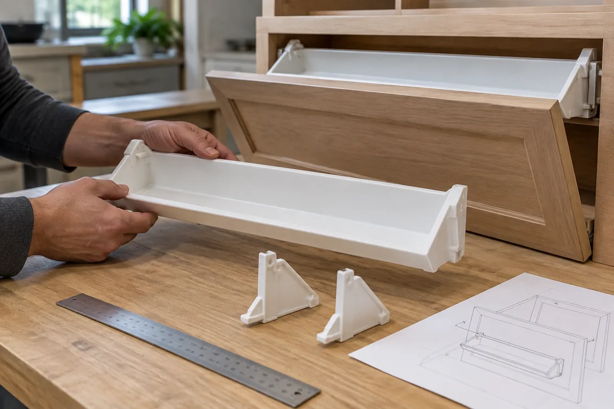 OEM sample review of tip-out tray end supports and reinstallation orientation