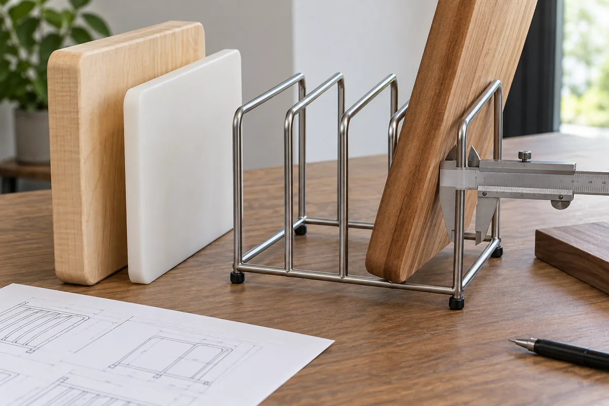 Cutting-board rack sample checked against boards of different thicknesses