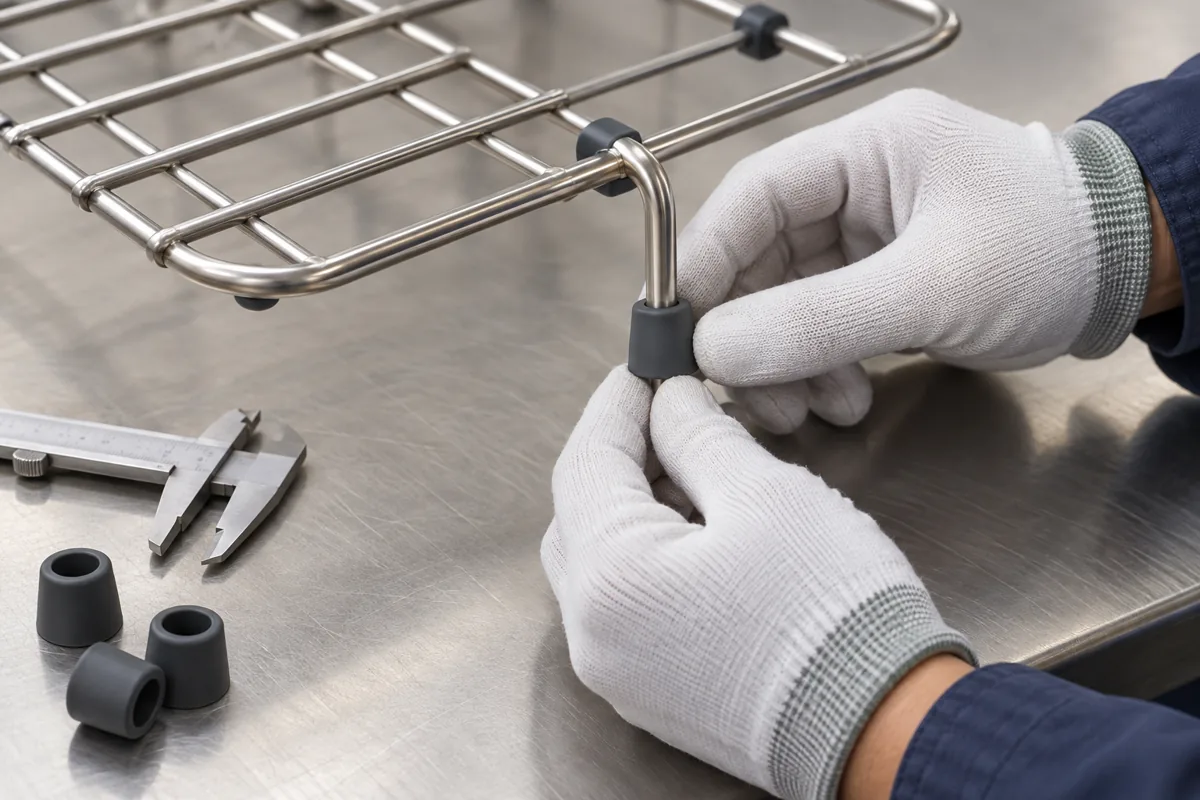 Sample inspection of a replacement rubber foot fitted to a stainless sink-grid support