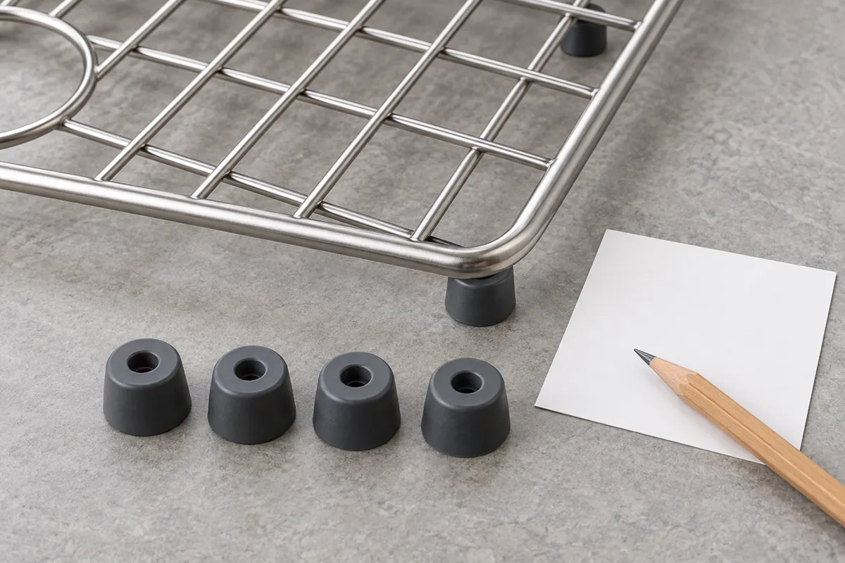 Sink-grid spare feet arranged for quantity and replacement-part approval