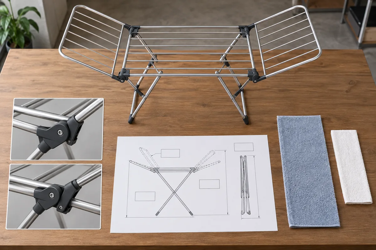 Buyer review of drying-rack wing positions, garment lengths, and folded storage envelope
