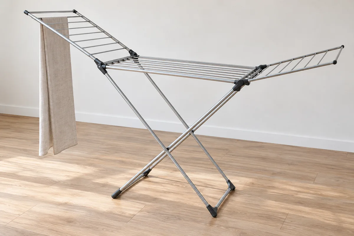Drying-rack sample checked at alternate wing positions against a long-garment drop template