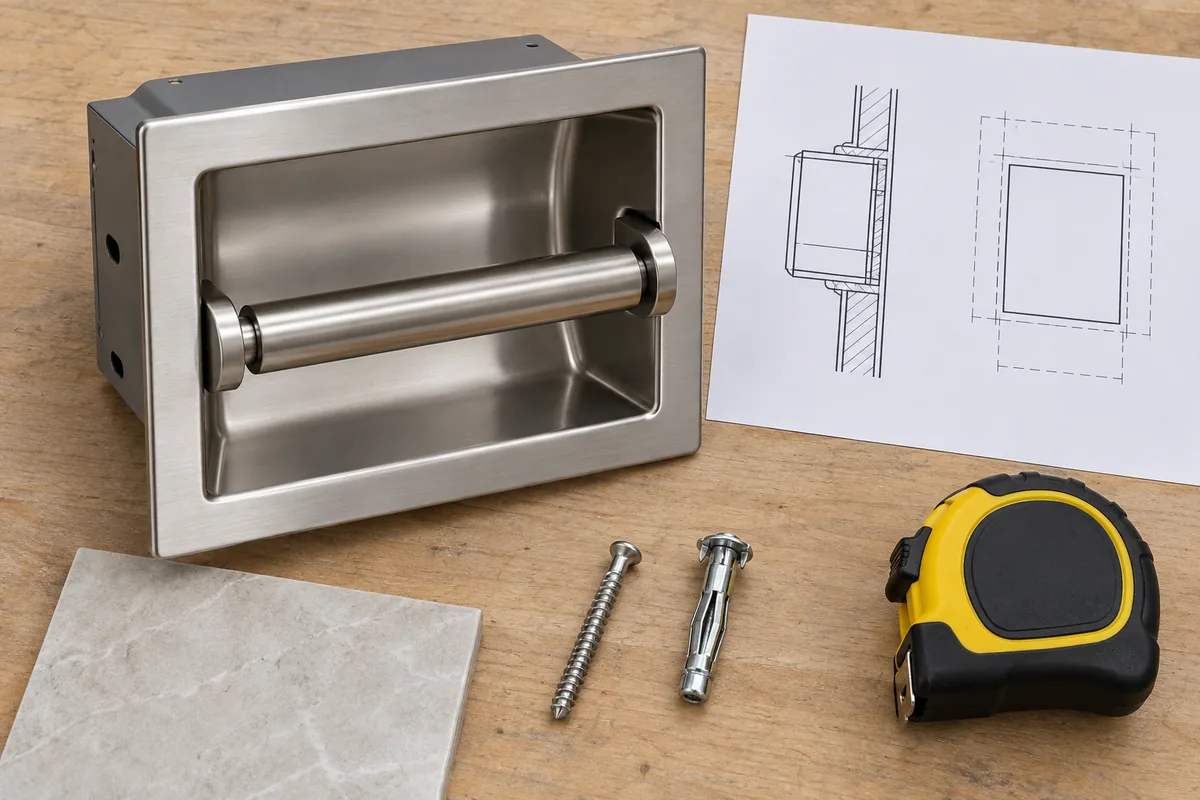 Buyer checking recessed holder, wall-section drawing and fastening components