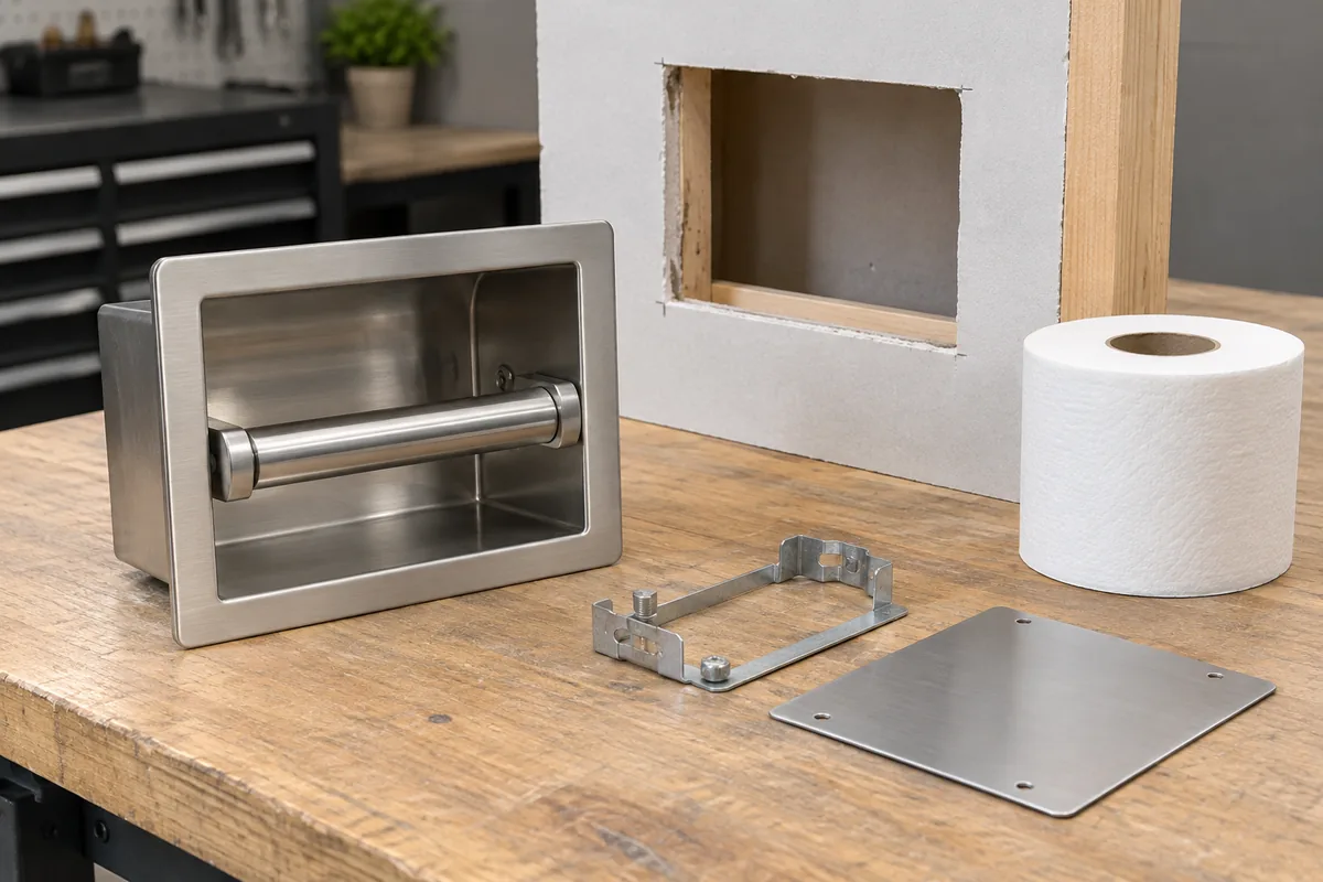 Recessed holder sample compared with wall opening, flange and mounting components