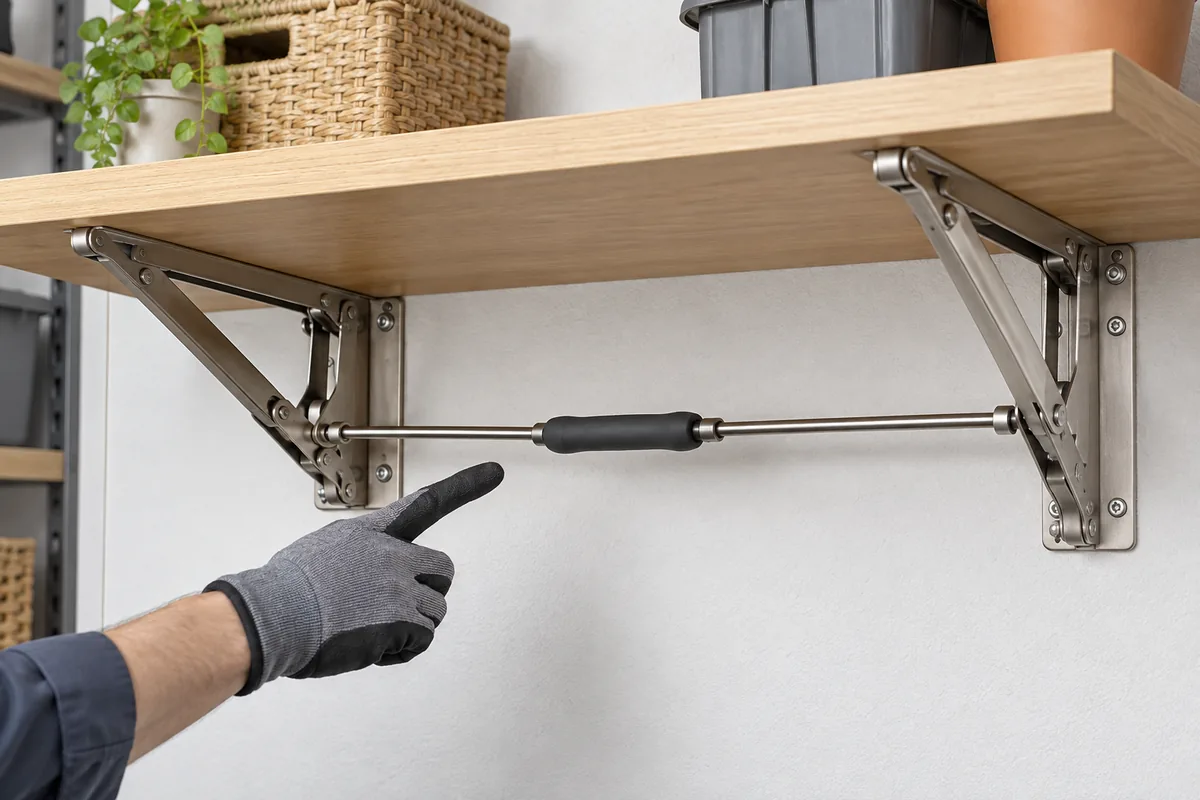 Sample review of folding shelf bracket spacing, release linkage and handle access