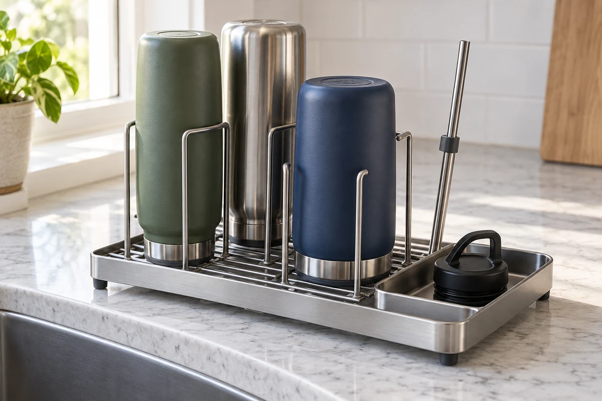 Close view of a conceptual bottle drying rack showing separate bottle contact spaces and a tray for a lid
