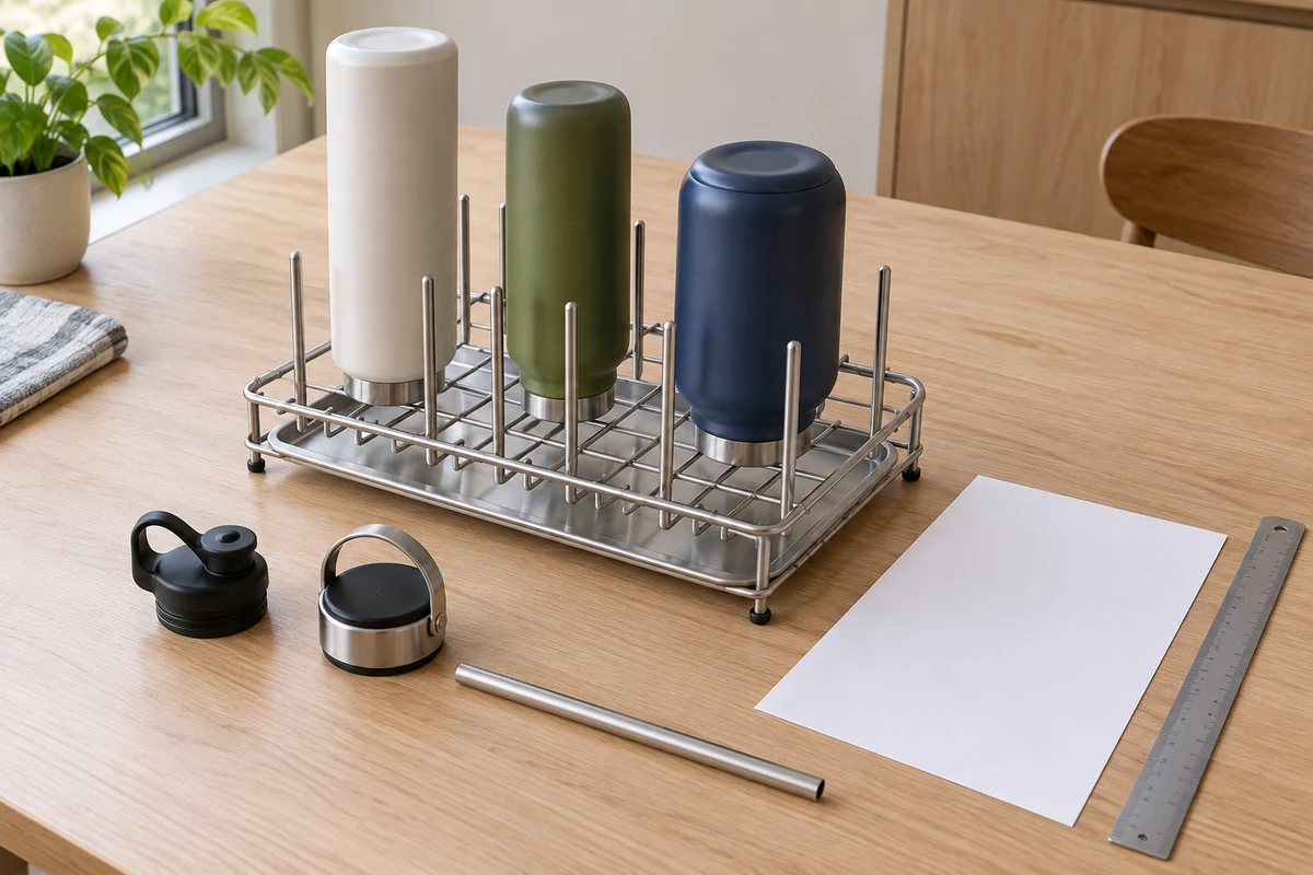 Conceptual OEM sample review with a bottle drying rack, varied reusable bottles, separate lids and a blank worksheet