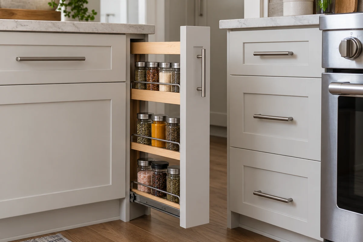 Conceptual between-cabinet pullout showing support, finished front and jar storage