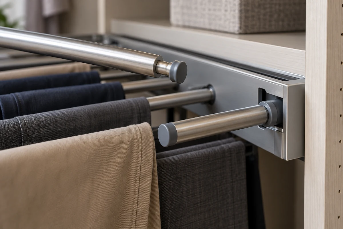 Conceptual rod end and frame support interface on a wardrobe trouser rack