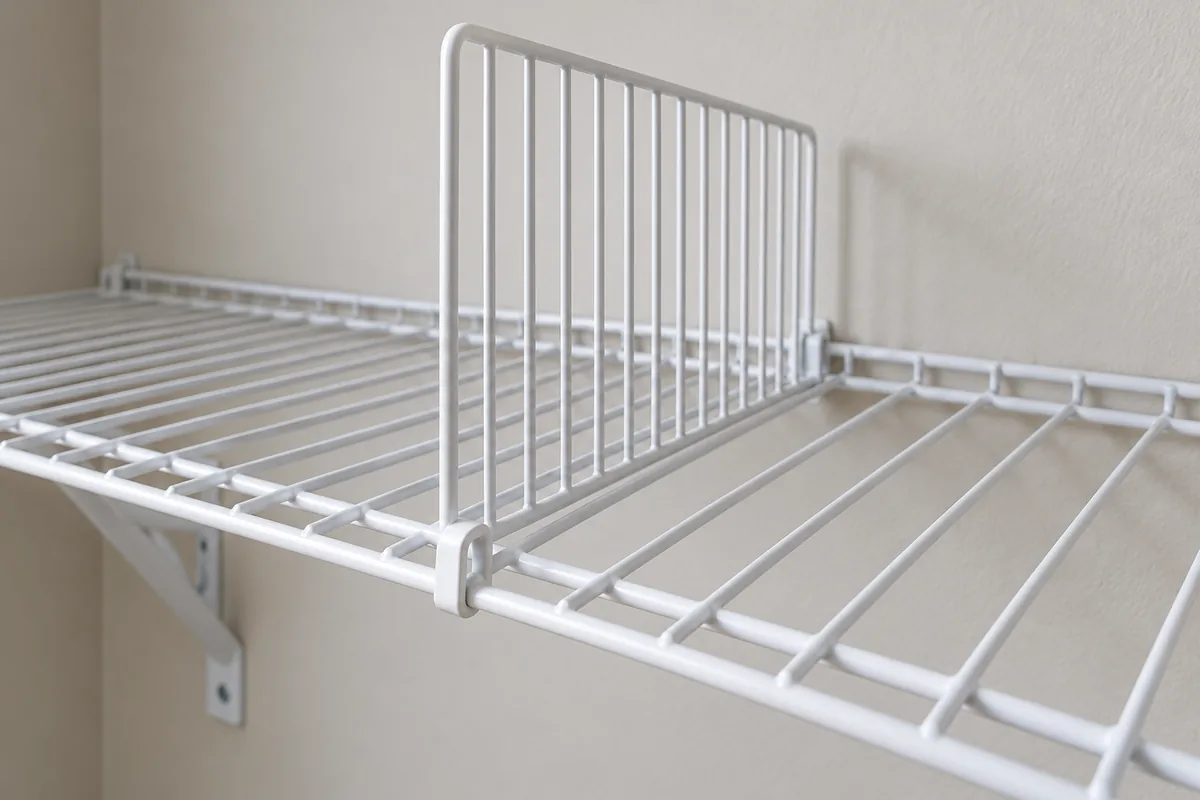 Wire shelf divider positioned front to back to separate a shelf into two storage sections