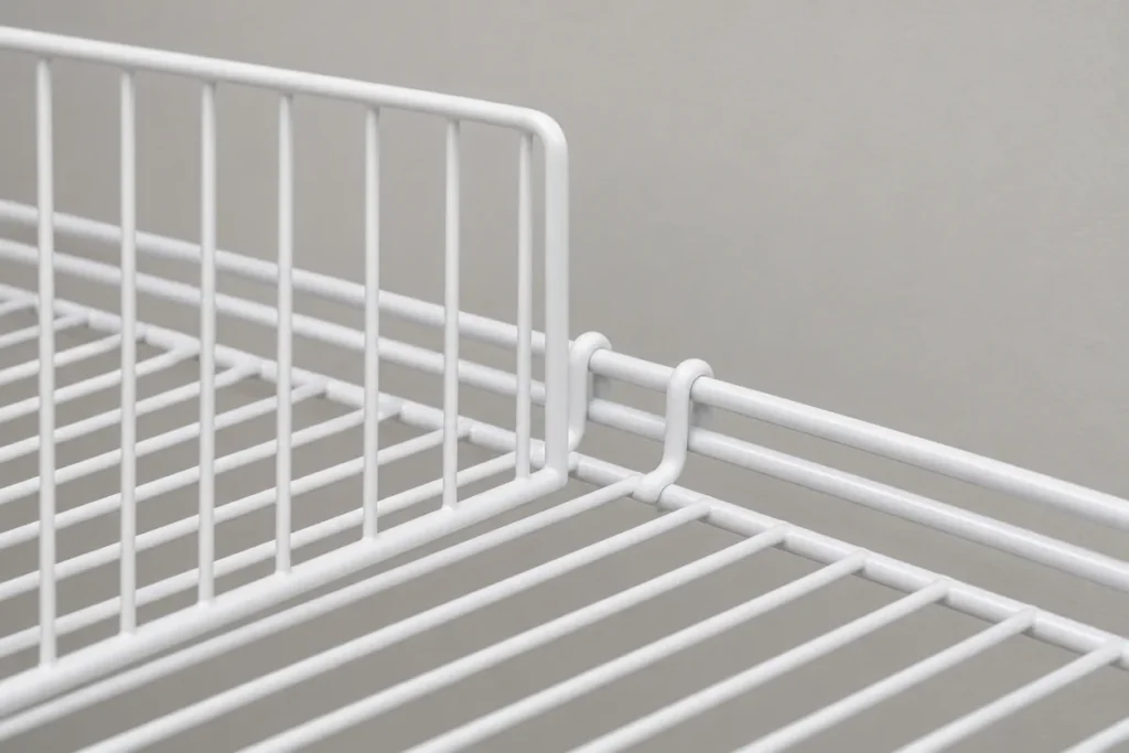 White wire shelf divider with front and rear clips correctly engaged on a matching wire shelf