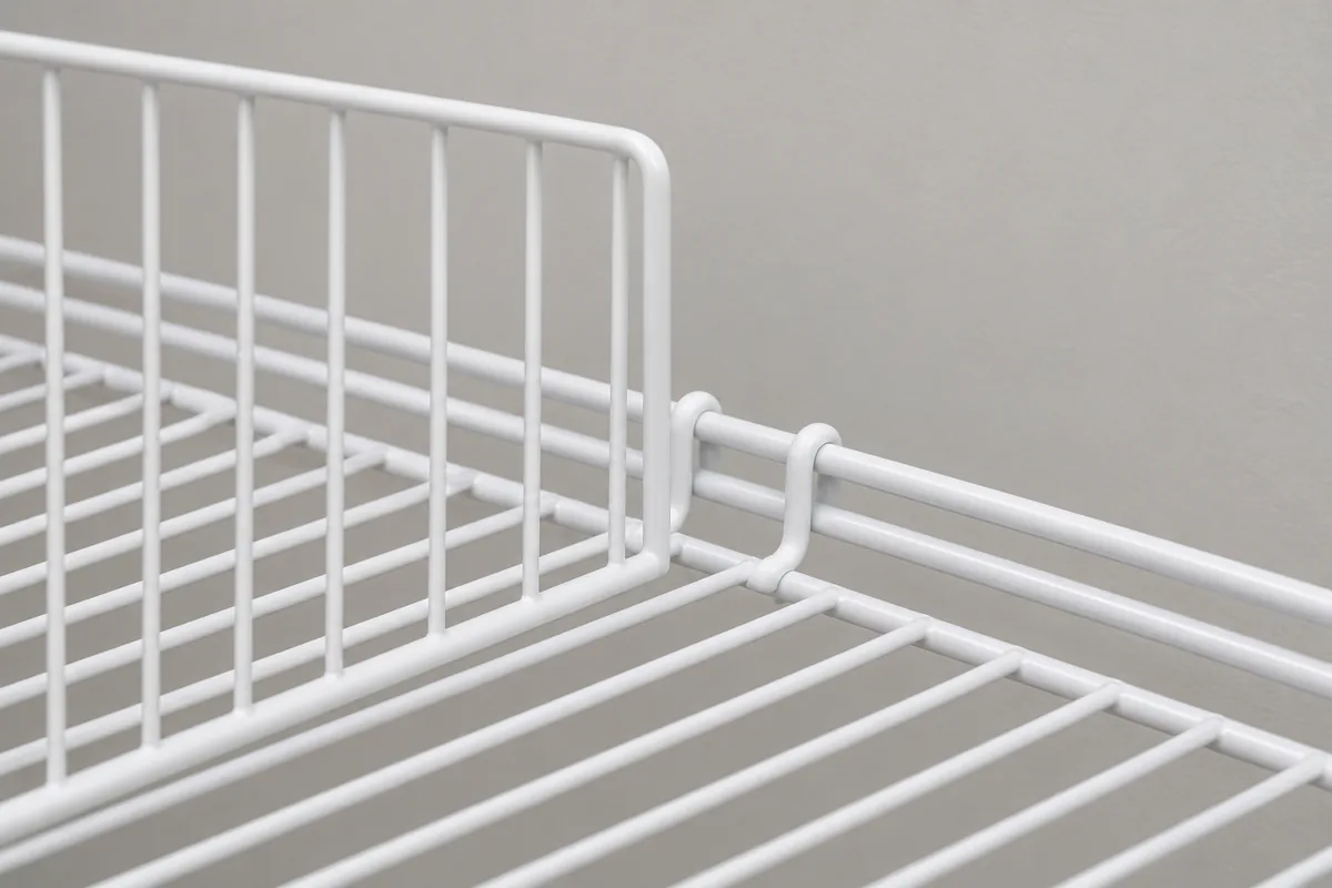 White wire shelf divider with front and rear clips correctly engaged on a matching wire shelf