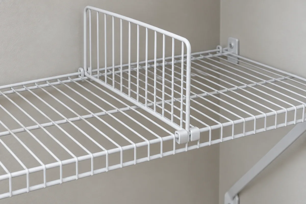 Matched wire shelf and removable divider sample showing front clip, divider plane and shelf fit