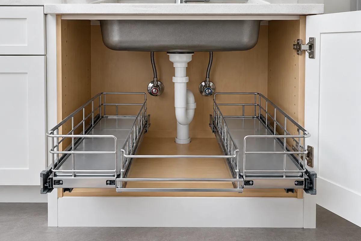 Front view of an under-sink U-shaped pullout reviewed with the drain, supply valves, cabinet hinges and runners