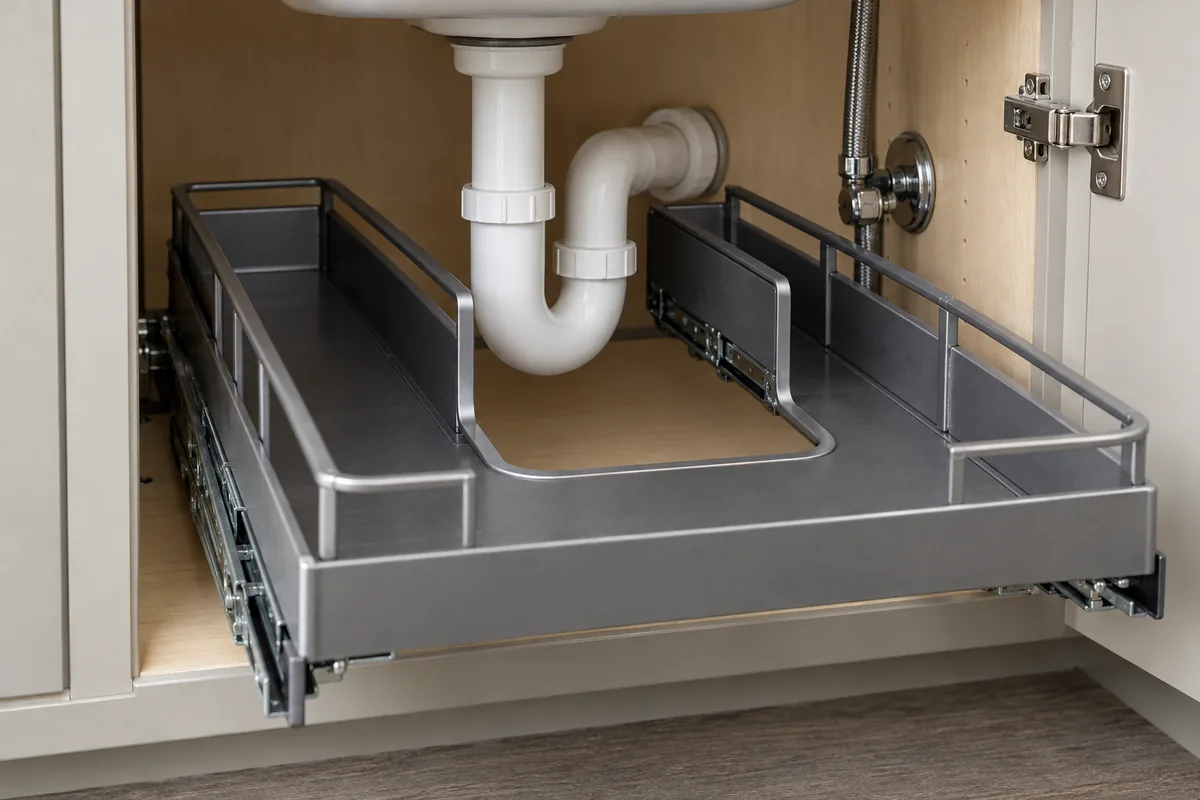 U-shaped under-sink pullout showing the central opening around a trap and clearance from a cabinet hinge