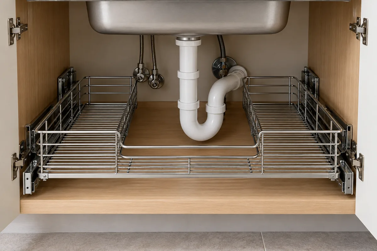 U-shaped metal pullout under a sink with its center opening clearing the drain trap and cabinet plumbing