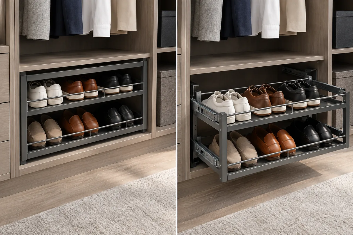 Closet sample showing a gliding shoe shelf in closed and extended positions with shoes loaded