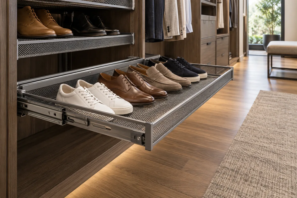 Metal mesh shoe shelf fully extended from a closet to show the required front travel space