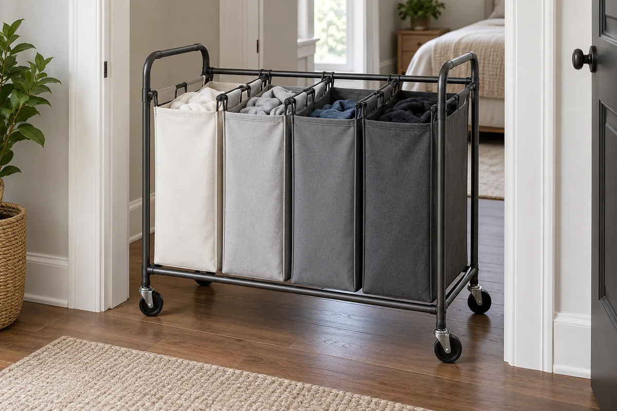 Fully assembled multi-bag laundry sorter positioned in a hallway doorway fit mock-up