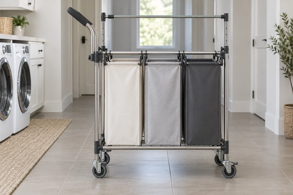 Rolling sorter side profile showing caster footprint, handle position and adjustable bar projection