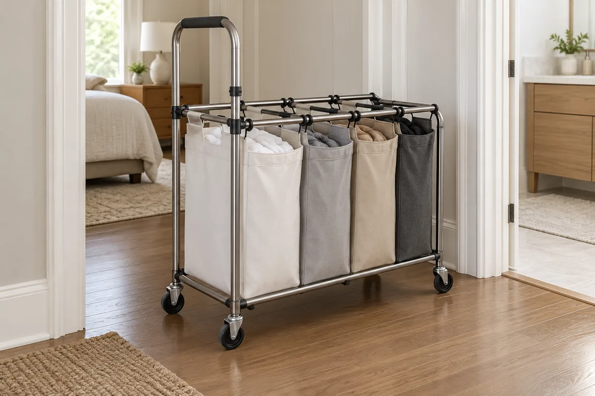 Rolling multi-bag laundry sorter with metal frame and handle positioned in a hallway doorway