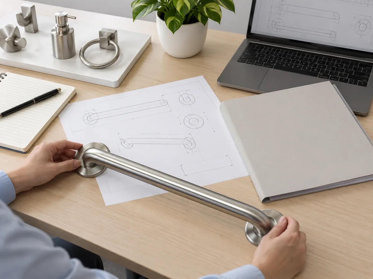 Buyer reviewing a generic loose grab-bar sample alongside a blank drawing and document folder