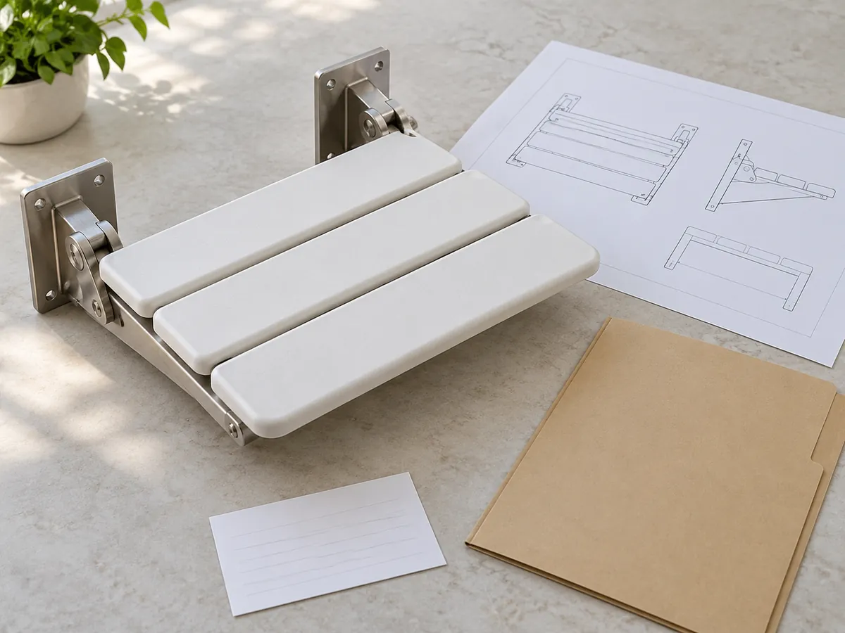 Buyer reviewing a generic folding shower-seat sample beside a blank drawing and document folder