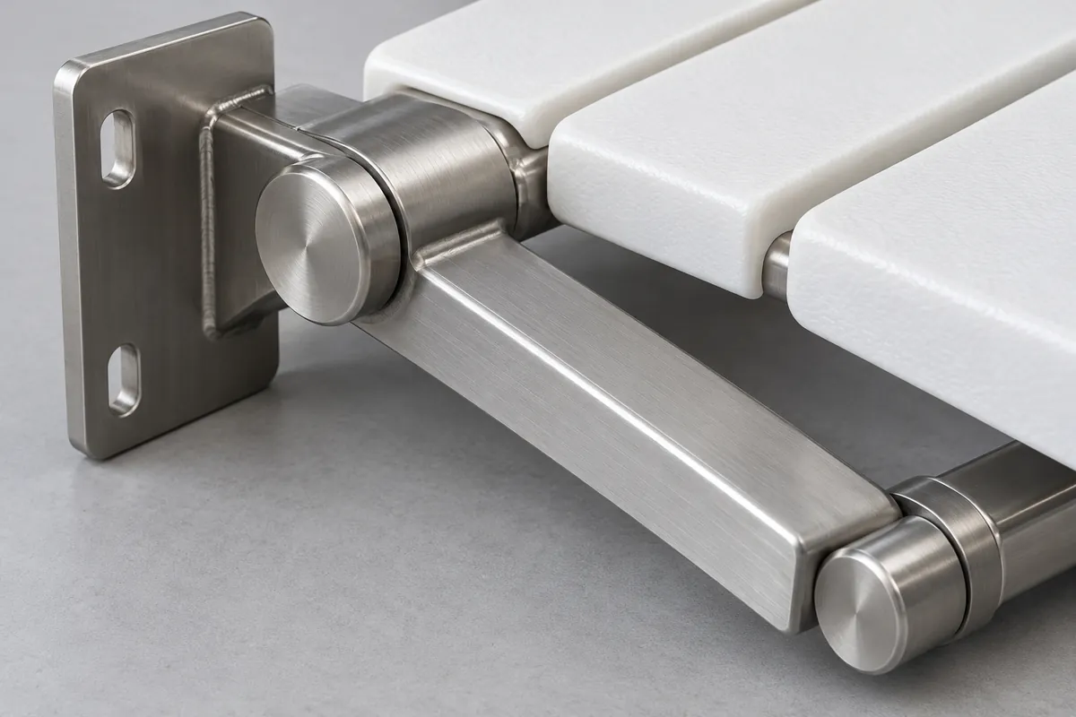 Close-up of a folding shower-seat sample hinge and bracket interface