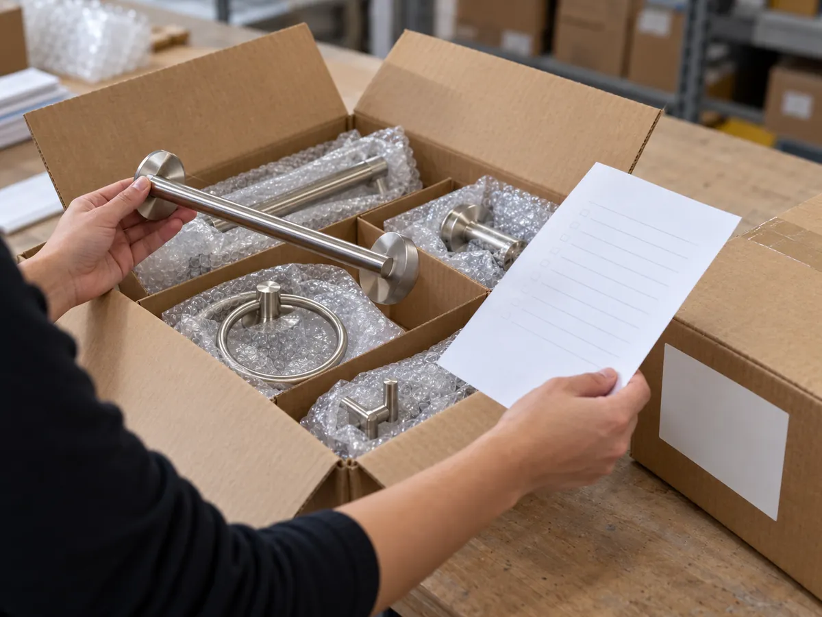 Mixed bathroom-hardware carton and blank contents record arranged for buyer reconciliation