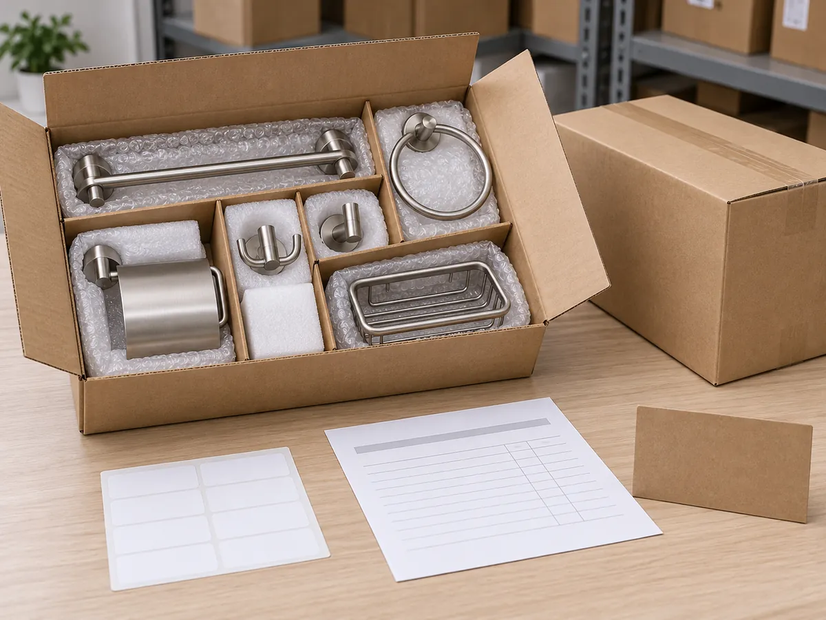 Buyer reviewing mixed-SKU hardware carton, blank label proof, and packing-list sheet